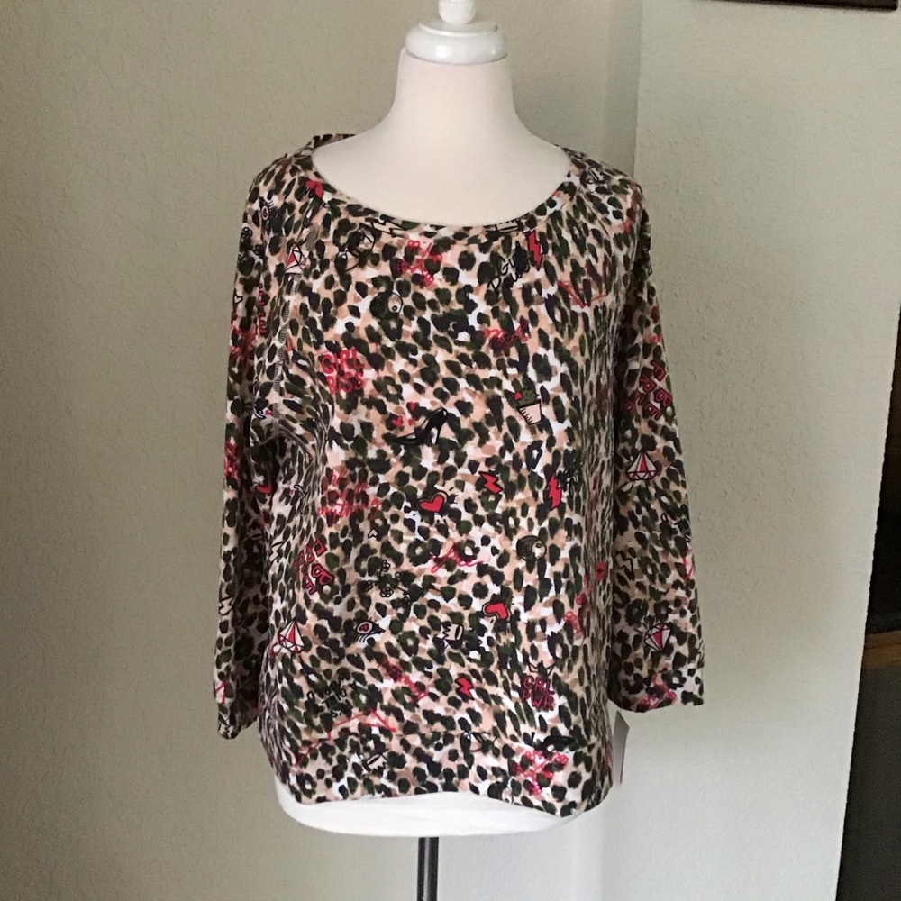 Camouflage Brushed Terry 3/4 Sleeves Pullover Top Size L